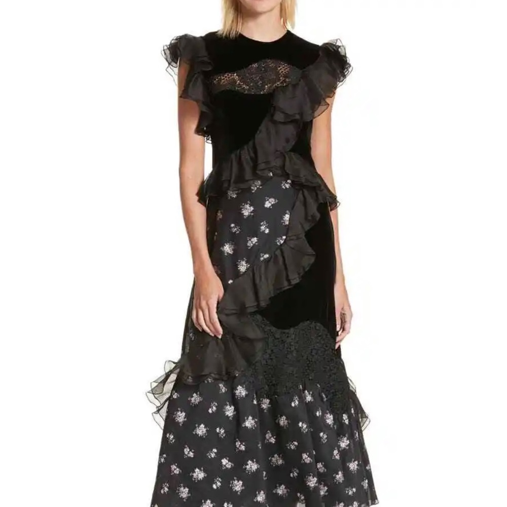 Rebecca Taylor Midi Dress Black Ruffle-Trim Velvet & Floral Jacquard Sz 6 NWT